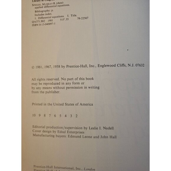 1981 Applied Differential Equations Third Edition By Murray R. Spiegel Hardcover - Picture 6 of 6